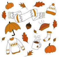 ilustración de icono de conjunto de otoño. suéter, gorro con bufanda y calcetín. paraguas amarillo y hojas de otoño, bellota. té caliente con pastel y calabaza. vector