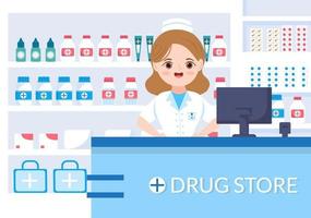 tienda de ilustración plana de dibujos animados dibujados a mano de plantilla de farmacia para la venta de medicamentos, un farmacéutico, medicina, cápsulas y botella vector