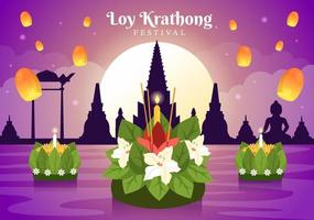 Loy Krathong Festival Celebration in Thailand Template Hand Drawn Cartoon Flat Illustration with Lanterns and Krathongs Floating on Water Design vector