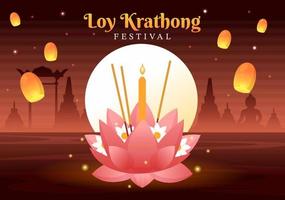 Loy Krathong Festival Celebration in Thailand Template Hand Drawn Cartoon Flat Illustration with Lanterns and Krathongs Floating on Water Design vector