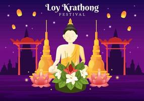 Loy Krathong Festival Celebration in Thailand Template Hand Drawn Cartoon Flat Illustration with Lanterns and Krathongs Floating on Water Design vector