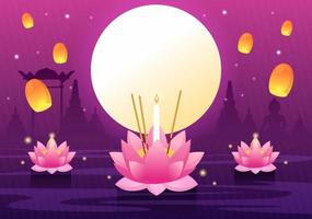 Loy Krathong Festival Celebration in Thailand Template Hand Drawn Cartoon Flat Illustration with Lanterns and Krathongs Floating on Water Design vector