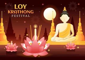 Loy Krathong Festival Celebration in Thailand Template Hand Drawn Cartoon Flat Illustration with Lanterns and Krathongs Floating on Water Design vector