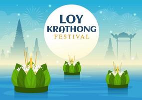 Loy Krathong Festival Celebration in Thailand Template Hand Drawn Cartoon Flat Illustration with Lanterns and Krathongs Floating on Water Design vector