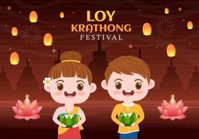 Loy Krathong Festival Celebration in Thailand Template Hand Drawn Cartoon Flat Illustration with Lanterns and Krathongs Floating on Water Design vector