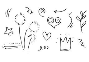 hand drawn set element,black on white background.heart,light,king,emphasis,swirl,for concept design. vector