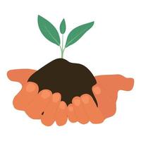 hands holding soil with branch vector