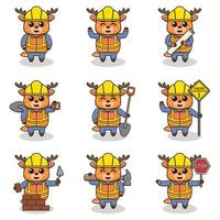 Vector illustration of Deer character at construction site. Construction workers in various tools. Cartoon Deer characters in hard hat working at building site vector.