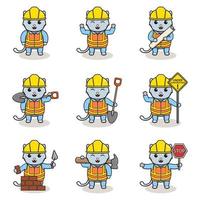 ilustración vectorial del personaje del gato en el sitio de construcción. trabajadores de la construcción en diversas herramientas. personajes de dibujos animados de gatos con sombrero duro trabajando en el vector del sitio de construcción.