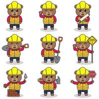 ilustración vectorial del personaje del oso en el sitio de construcción. trabajadores de la construcción en varias herramientas. personajes de animales de dibujos animados en casco trabajando en el vector del sitio de construcción.