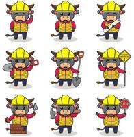 Vector illustration of Buffalo character at construction site. Construction workers in various tools. Cartoon Animal characters in hard hat working at building site vector.