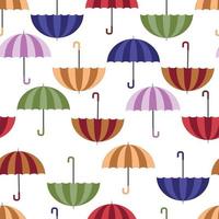 Seamless autumn pattern with colorful blue, red, orange, brown, purple, green umbrellas for rainy weather in flat style isolated on white background vector