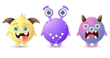 Collection of multicolored round funny monsters. Yellow, purple, pink cartoon aliens. vector