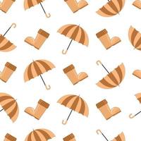 Seamless autumn pattern with brown yellow rubber boots and an umbrella for rainy weather in a flat style isolated on a white background vector