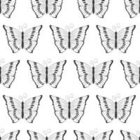 Seamless pattern with black silhouettes of butterflies isolated on a white background. Simple monochrome abstract outline design vector