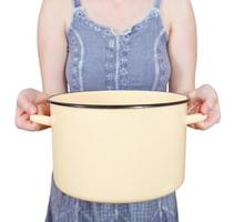 woman with large open saucepan isolated photo