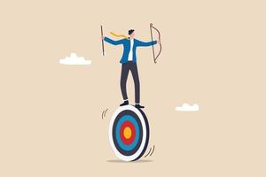 Purpose driven, motivation to reach goal and success, mission to achieve target or business strategy to drive success concept, ambitious businessman archery holding arrow and bow balance on target. vector