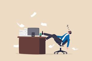 Quiet quitting, lack of work motivation, work boredom or morality, exhaustion or burn out from hard work without recognition concept, unhappy businessman sleeping while working at busy workplace. vector