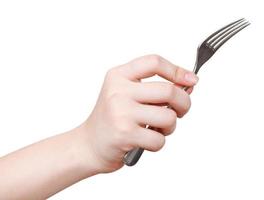 female hand with fork isolated on white photo
