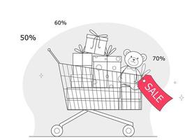 Shopping cart full of purchases. Shopping for  new year. Concept of Christmas sale. vector