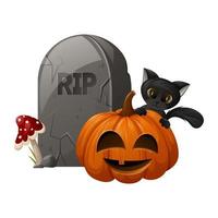 Tombstone with text RIP. Black cat behind a Halloween pumpkin. Fly agaric in the grass. Cartoon vector illustration