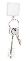 two house keys and square keychain on ring photo