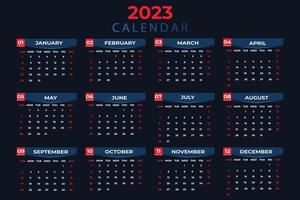 Yearly calendar 2023 week starts from Sunday in shades of red, blue and black vector