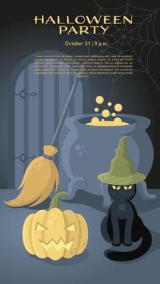 Halloween Vector Poster With Black Cat in a Witch Hat, Jack O'Lantern, Cauldron and Broom. Perfect for Web Sites, Printed Materials, Social Media, Cards, etc.