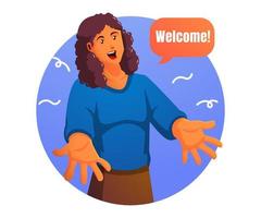 Cheerful woman gesturing welcome sign and smiling vector