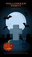 cartel de vector de halloween con gato negro, jack o'lantern y murciélagos en el cementerio de noche. perfecto para sitios web, materiales impresos, redes sociales, etc.