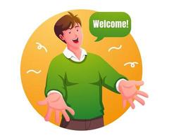 Cheerful man gesturing welcome sign and smiling vector