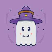 Cartoon icon illustration of adorable ghost wearing a hat. Halloween concept. Simple premium design vector