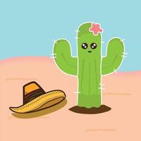 Cute green catus and mexican hat icon cartoon vector illustration graphic design.