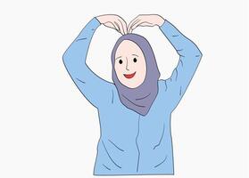 a girl in hijab makes a love symbol with her hands vector