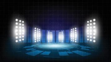 Abstract background stadium stage hall with scenic lights of round futuristic technology user interface Blue vector lighting empty stage spotlight background.