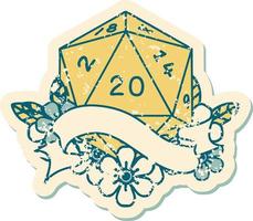 Retro Tattoo Style natural twenty D20 dice roll vector