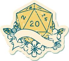 Retro Tattoo Style natural twenty D20 dice roll vector