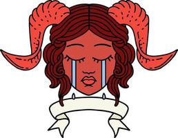 Retro Tattoo Style crying tiefling character face with scroll banner vector