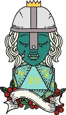 Retro Tattoo Style half orc fighter with natural 20 dice roll