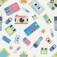 Set of vintage retro 1980s style items that symbolize the 80s decade, tv, vhs, pc, cassete, skate and more, icon isolated. Easy to combine and edit. 90s retro items seamless pattern vector. vector