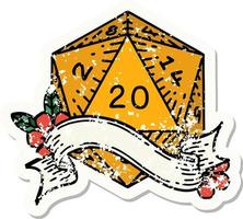 grunge sticker of a natural twenty D20 dice roll vector