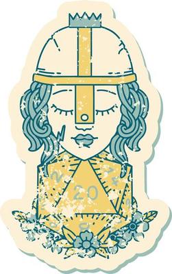 grunge sticker of a human fighter with natural 20 D20 dice roll