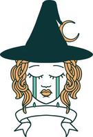 Retro Tattoo Style crying human witch with banner vector