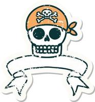 worn old sticker with banner of a pirate skull vector