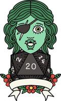 Retro Tattoo Style half orc rogue character with natural twenty dice roll vector