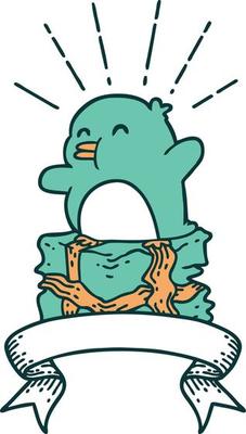 scroll banner with tattoo style penguin sitting on present