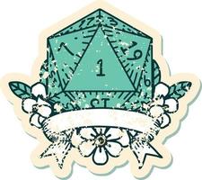 Retro Tattoo Style natural one d20 dice roll vector