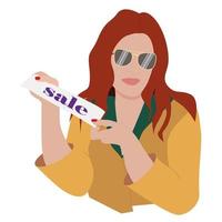 Satisfied girl in sunglasses showing sale on check for payment vector