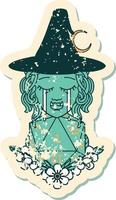 Retro Tattoo Style crying half orc witch with natural one D20 dice roll vector