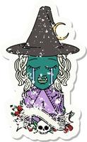 Retro Tattoo Style crying half orc witch character face with natural one d20 dice roll vector